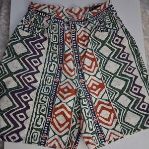Vtg Geometric Print High-Waist Bermuda Shorts - Green Multi